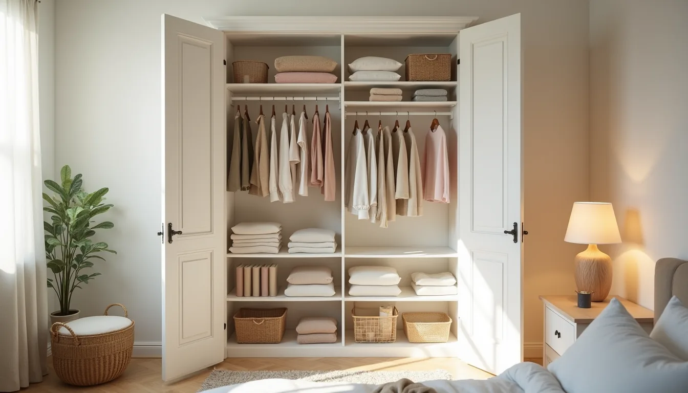 Open double closet doors display white floor-to-ceiling shelves with tiered hanging rods, wire baskets, and stacked folded