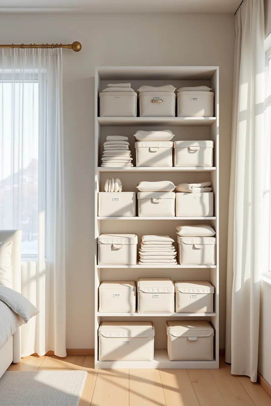 White shelving unit holds stacked neutral-toned fabric storage bins, some partially open to show folded clothing inside.