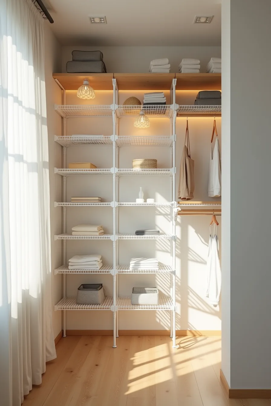 Modular wire shelving system displays adjustable shelves at varying heights, adjustable hanging rods, and wire baskets