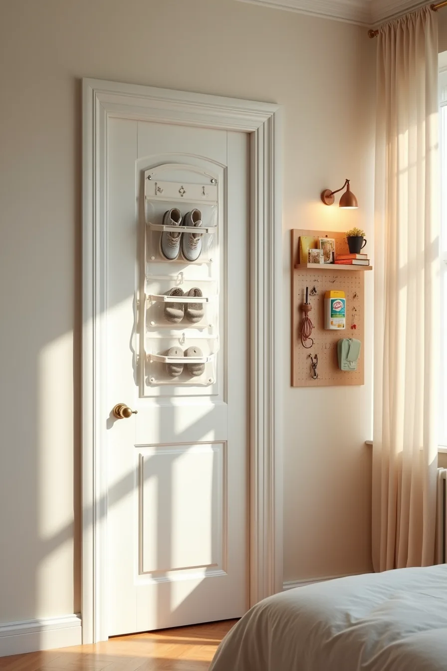 Over-the-door shoe organizer with clear pockets sits beside a pegboard with hooks and shelves displaying accessories.