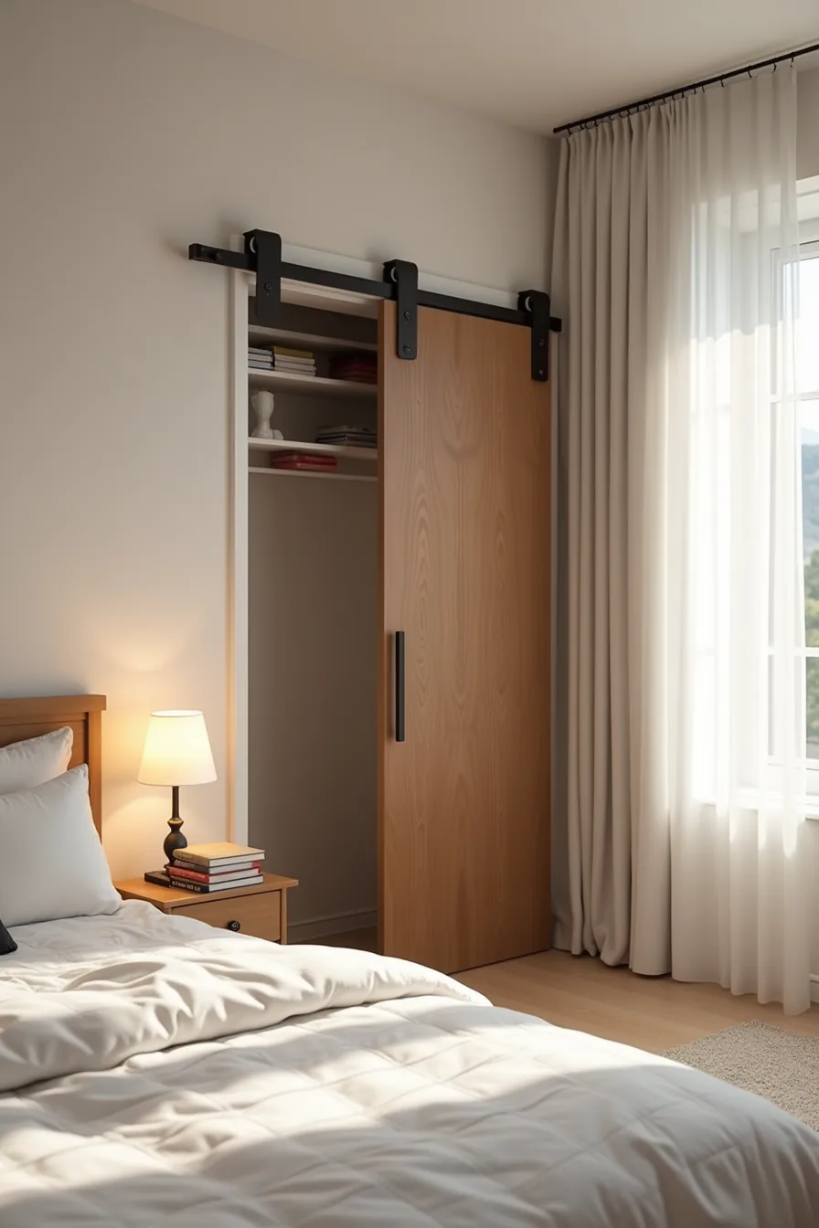 Partially open dark sliding barn door on metal track reveals the closet interior and bedroom wall.