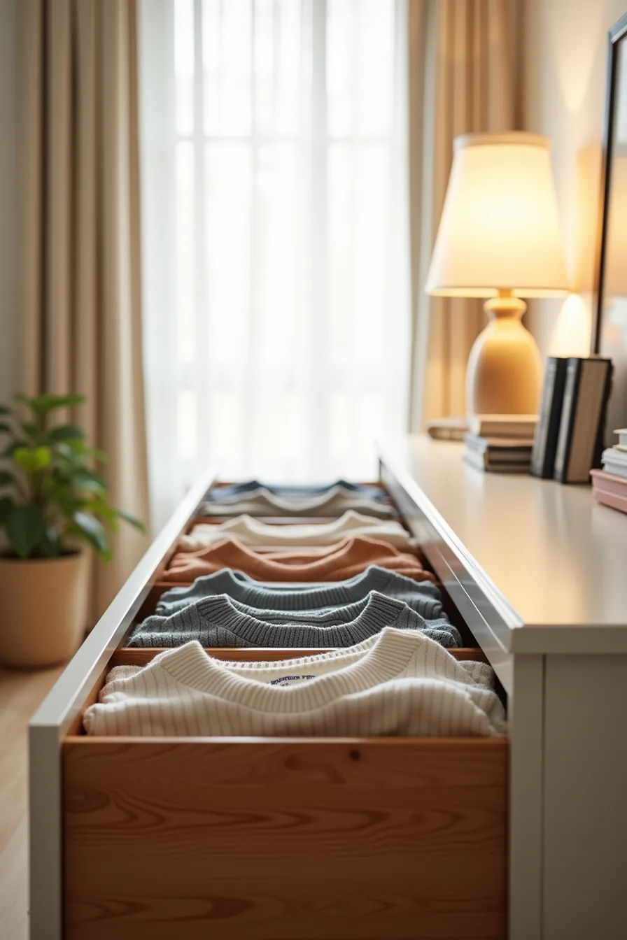 Dresser drawer compartments display vertically folded clothing standing upright like files for individual visibility.