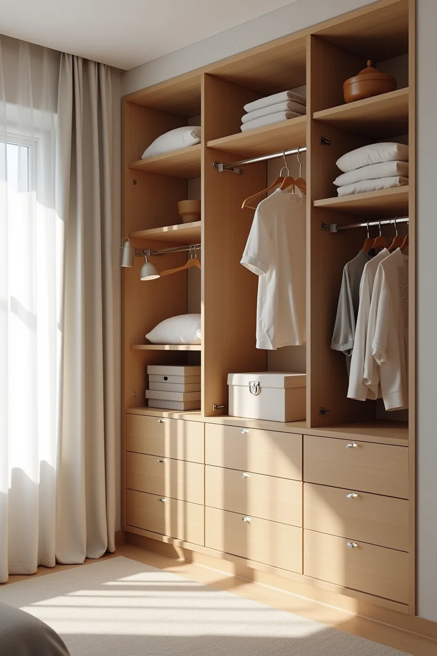 Custom wood closet system with adjustable shelves, pull-out drawers, integrated hanging rod, and visible metal hardware