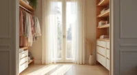Small walk-in closet with hanging clothes on left wall and folded items on open shelves on right wall, viewed from the