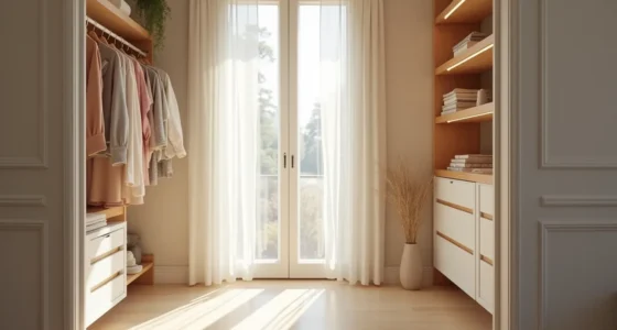 Small walk-in closet with hanging clothes on left wall and folded items on open shelves on right wall, viewed from the