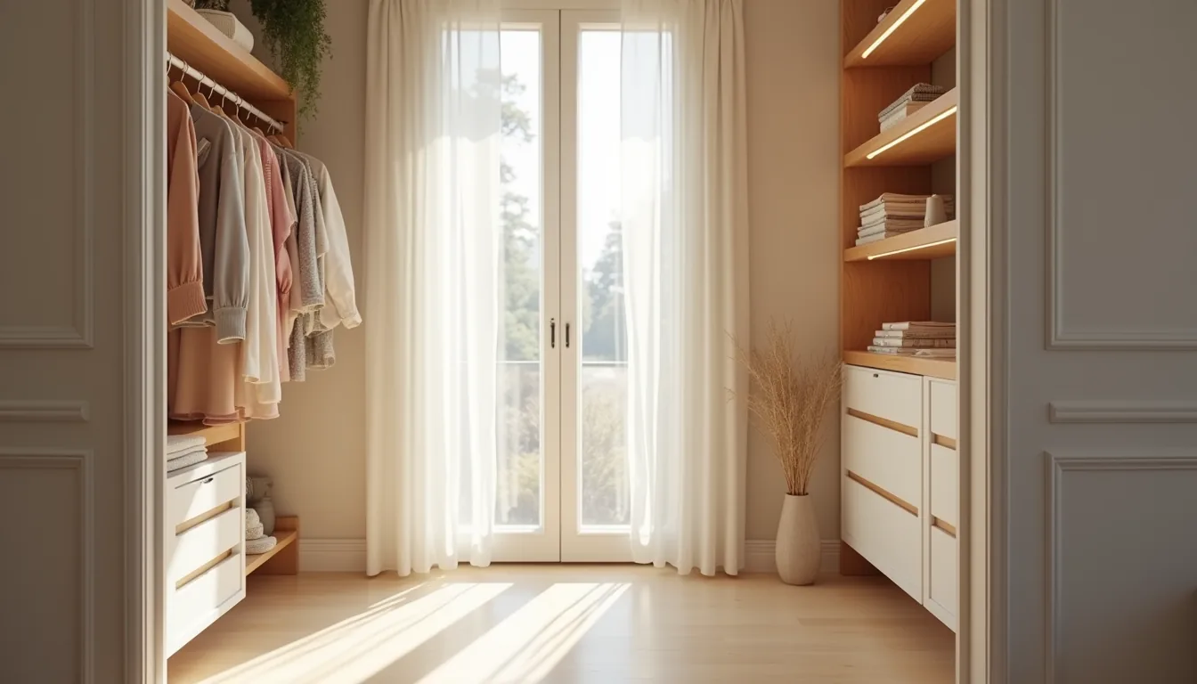 Small walk-in closet with hanging clothes on left wall and folded items on open shelves on right wall, viewed from the