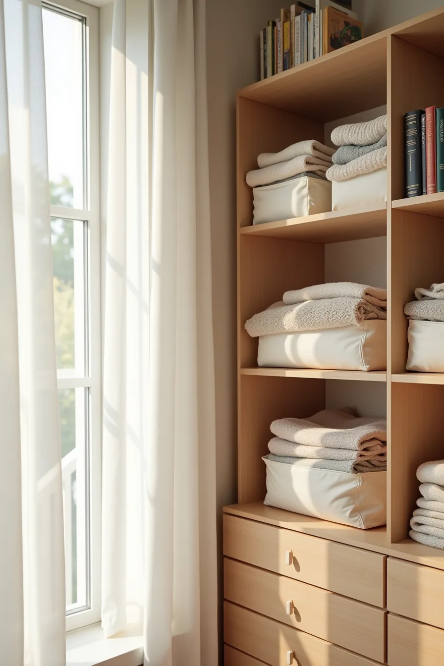 Fabric storage bins in neutral colors separated by wooden dividers holding folded sweaters and accessories on a closet shelf.