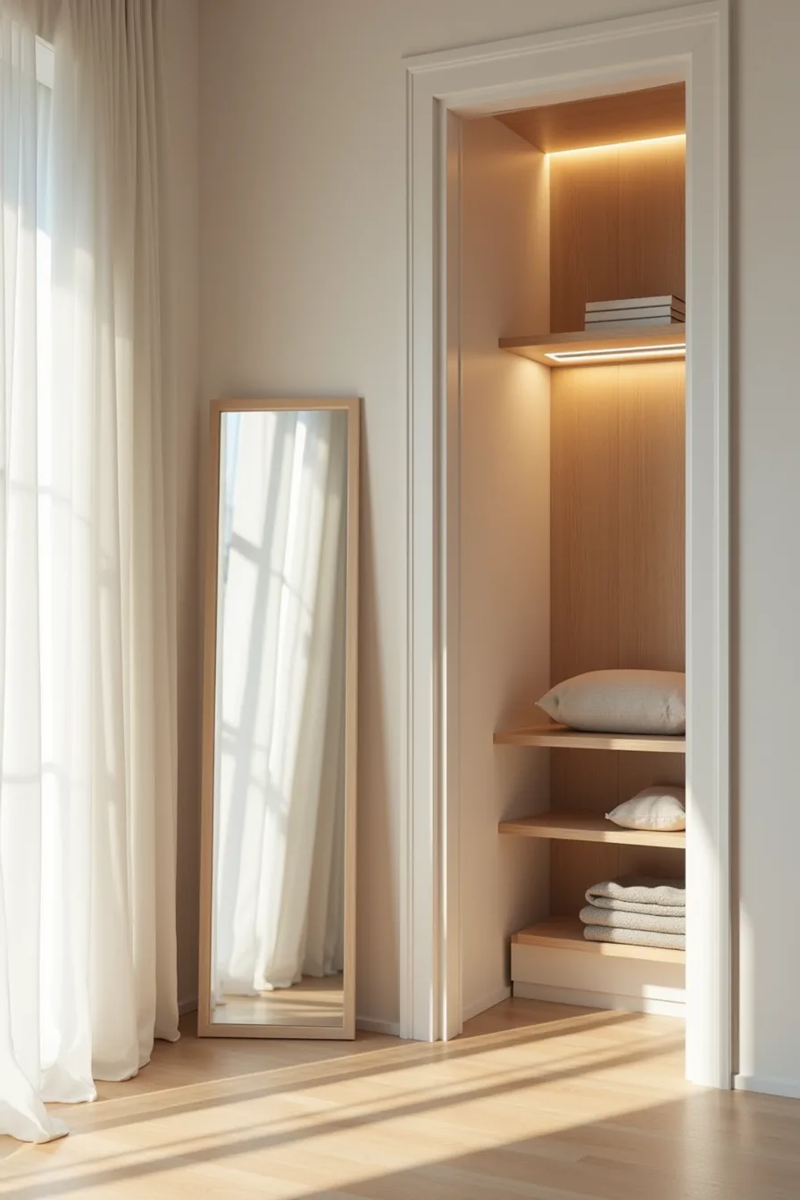 Closet with LED strip lighting along top shelf and a leaning mirror between clothing sections, illuminating the interior