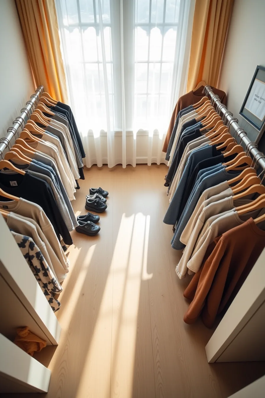 Closet floor organized into four clothing zones: tank tops, jeans, dresses, and winter coats arranged from left to right.