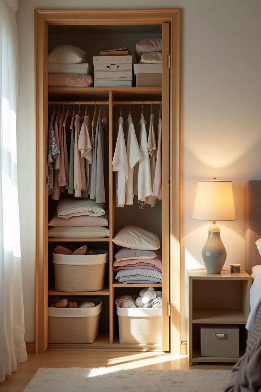 Disorganized closet with overstuffed shelves, bulging bins, crowded hangers, and clothing overflow blocking the doorway.