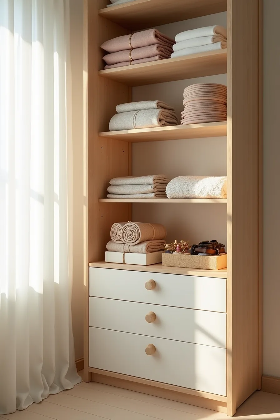 Single shelf divided into six compartments with wooden dividers and drawer organizers, each containing socks, belts