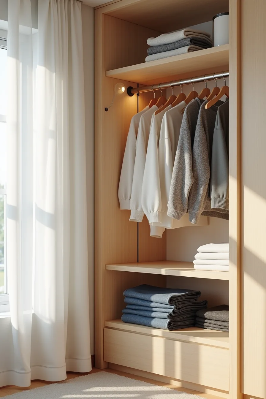 Side view of a shelf with metal risers creating stepped levels, holding folded sweaters on top and stacked jeans below