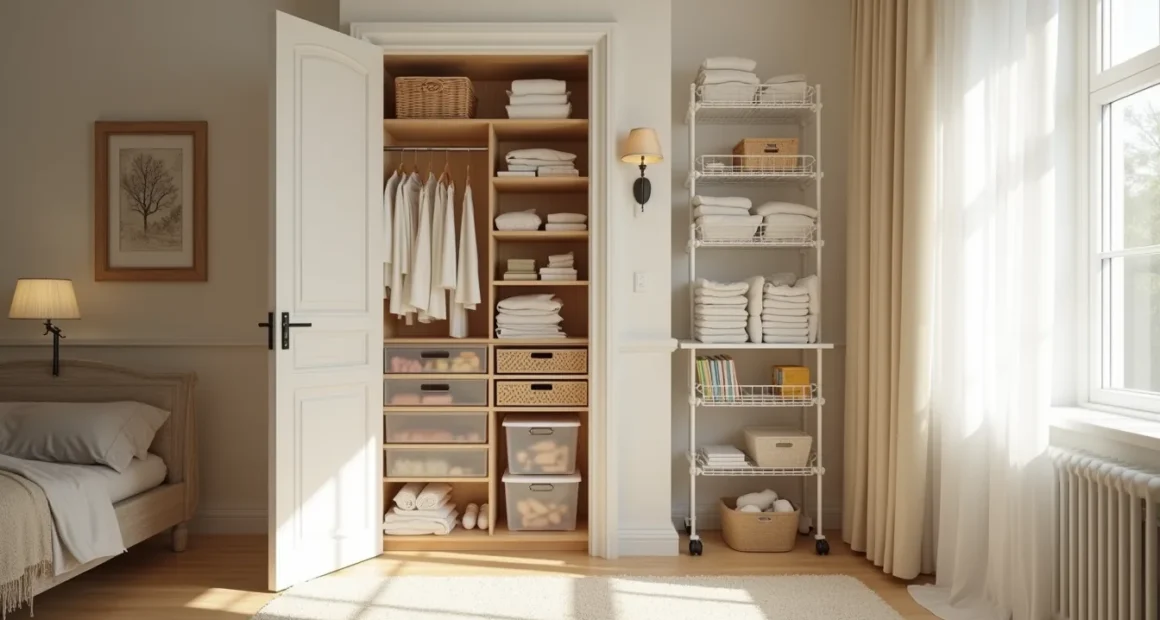 Overhead view of an organized closet showing clear plastic bins, woven baskets, wire trays, folded sweaters, and tiered