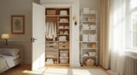Overhead view of an organized closet showing clear plastic bins, woven baskets, wire trays, folded sweaters, and tiered