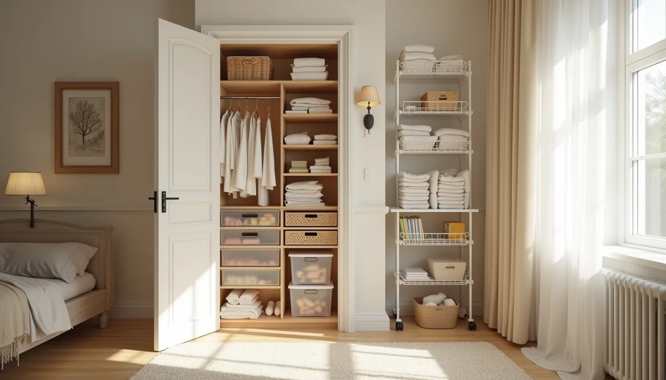 Overhead view of an organized closet showing clear plastic bins, woven baskets, wire trays, folded sweaters, and tiered