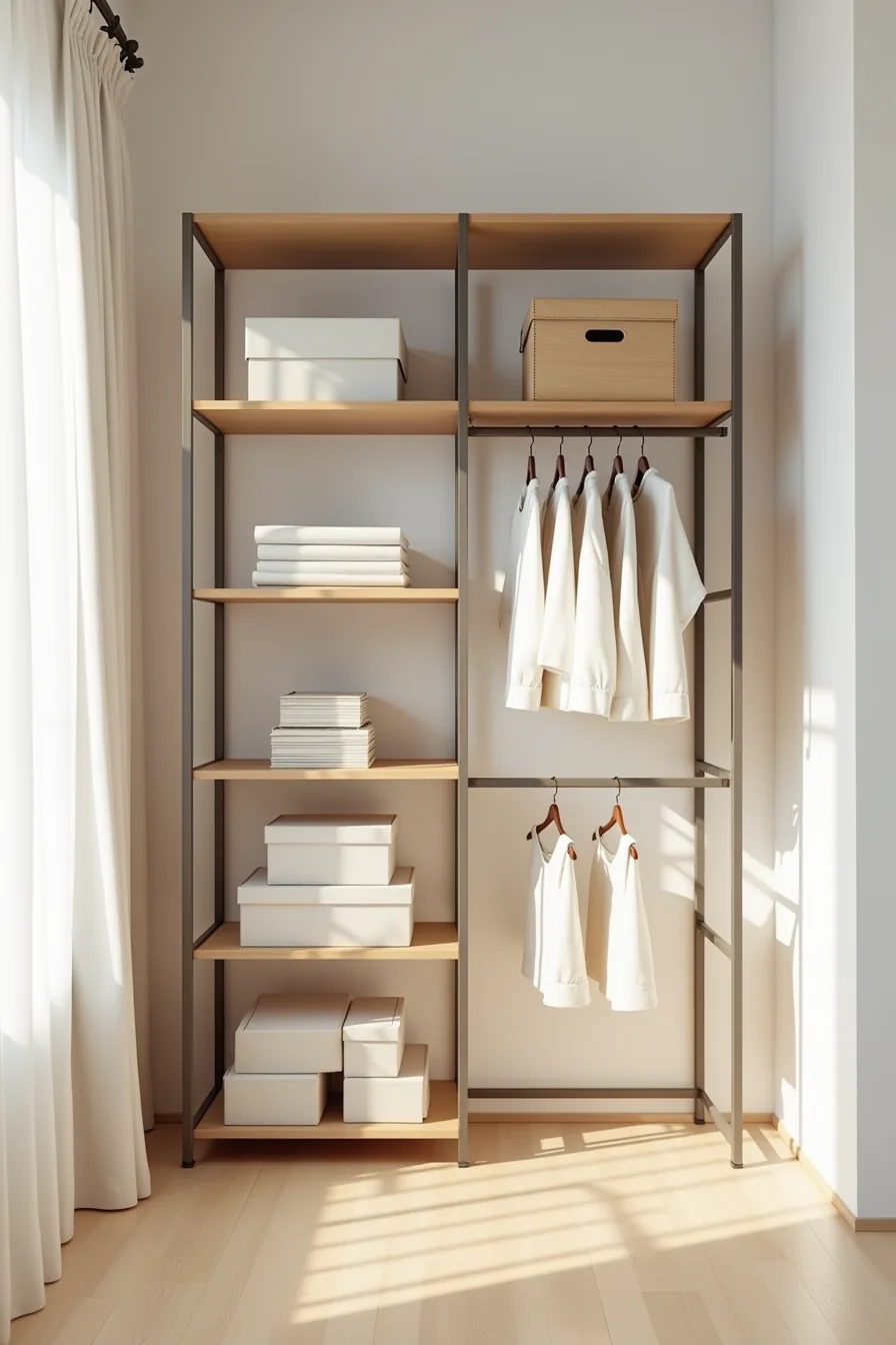 Freestanding modular metal shelving unit with adjustable pegs, varying shelf heights, stacked storage boxes, and hanging