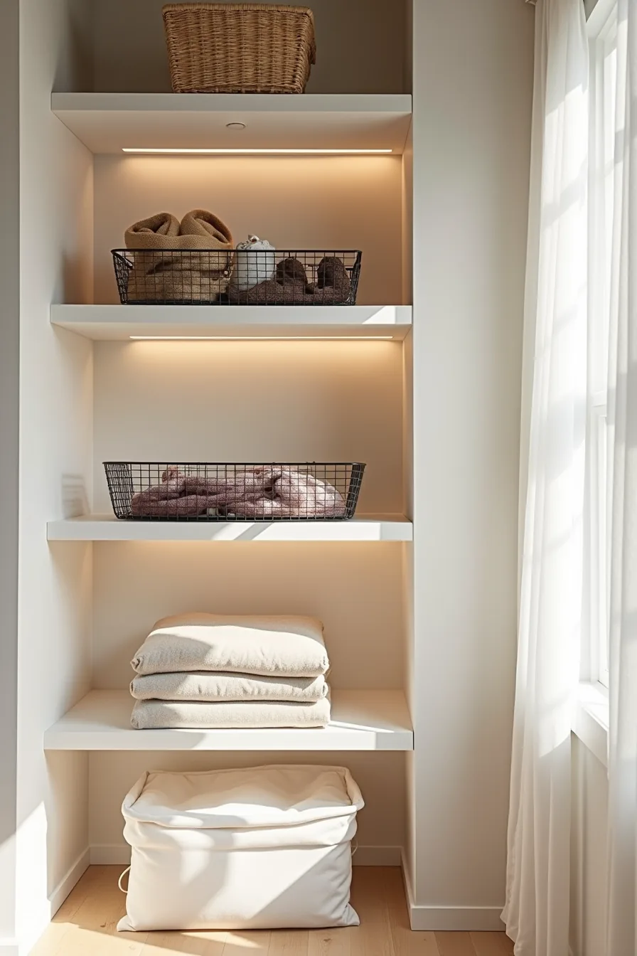 Three closet shelves displaying a woven basket of rolled scarves, wire mesh tray of accessories, and linen bin of blankets.