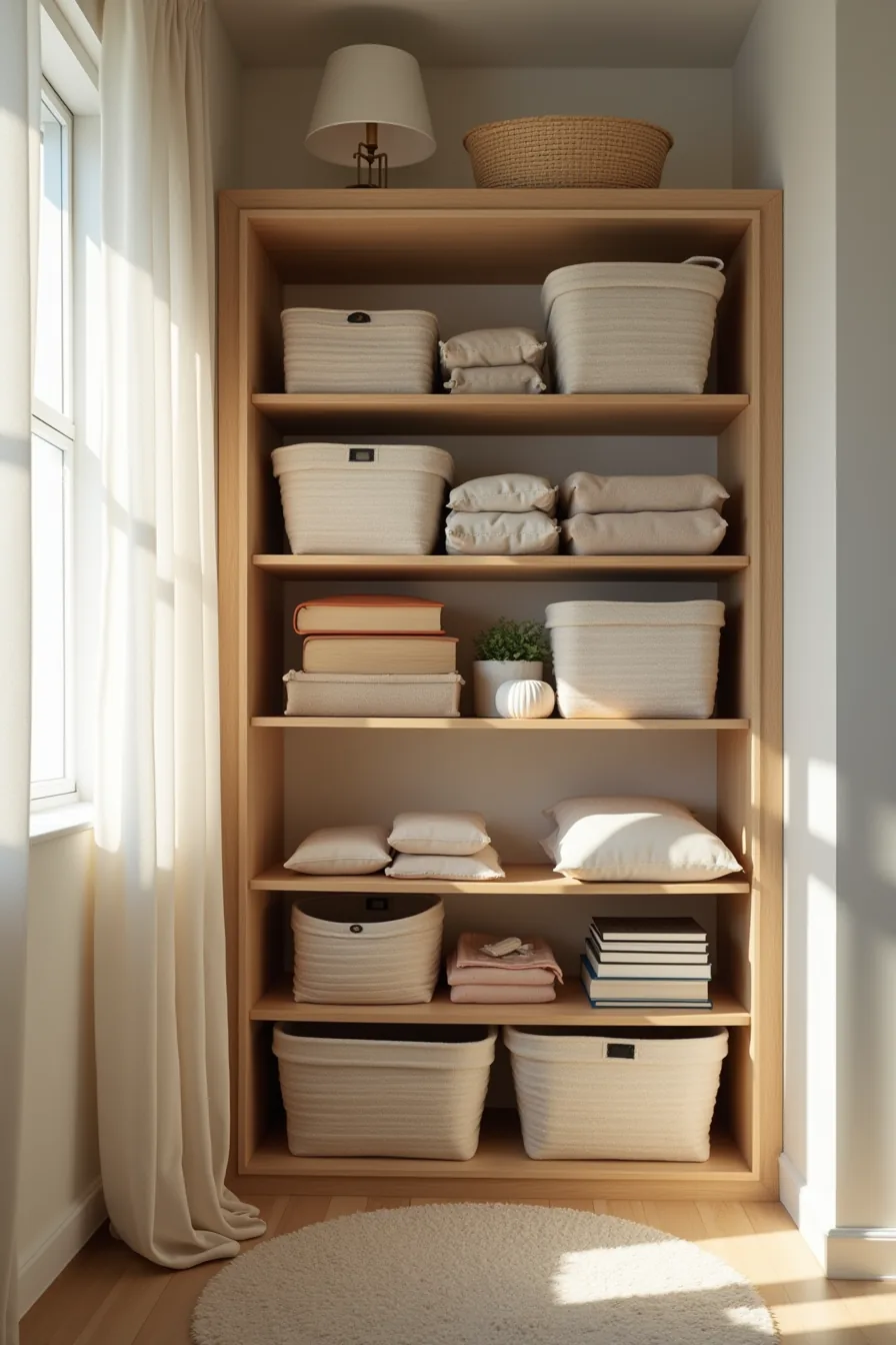 Overcrowded closet shelf with overloaded bins spilling items, dust accumulation, and scattered clothing creating a