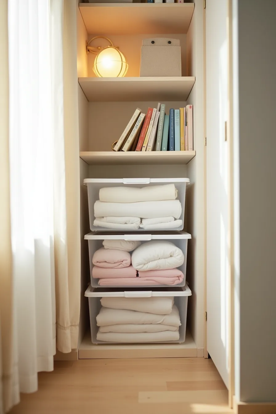 Three graduated transparent plastic bins stacked in a narrow closet corner, each displaying folded fabrics and labels