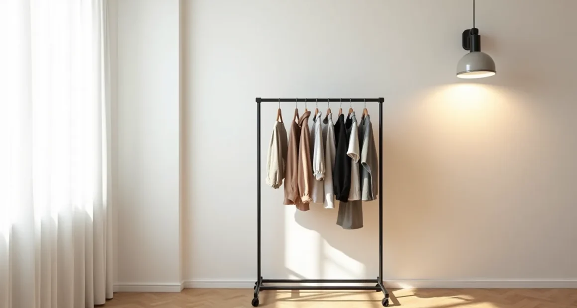 Black metal clothing rack with eight hanging garments in a bright corner against white wall and hardwood floor.