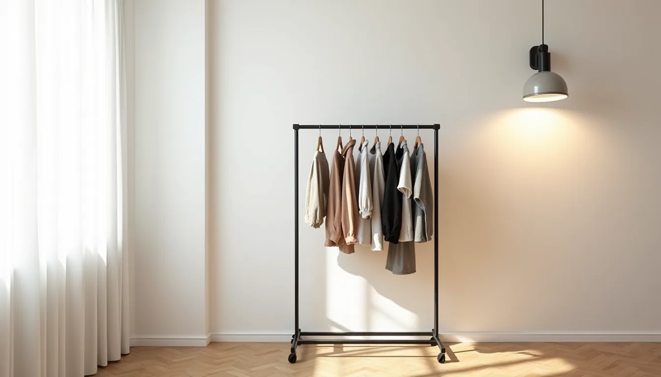 Black metal clothing rack with eight hanging garments in a bright corner against white wall and hardwood floor.