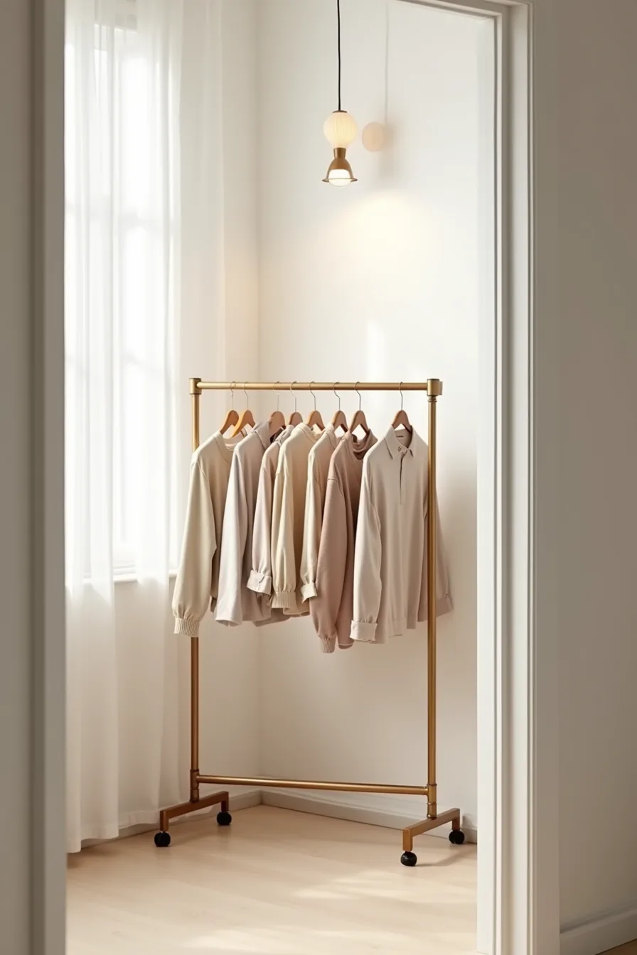 Metal Z-frame rack in white corner holding ten garments with clear floor space extending two feet on all sides.