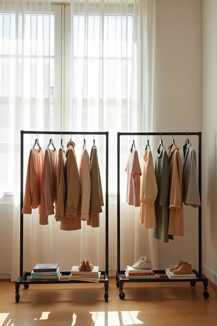 Two black metal racks positioned four feet apart, left displaying warm-toned garments and right displaying cool-toned pieces.