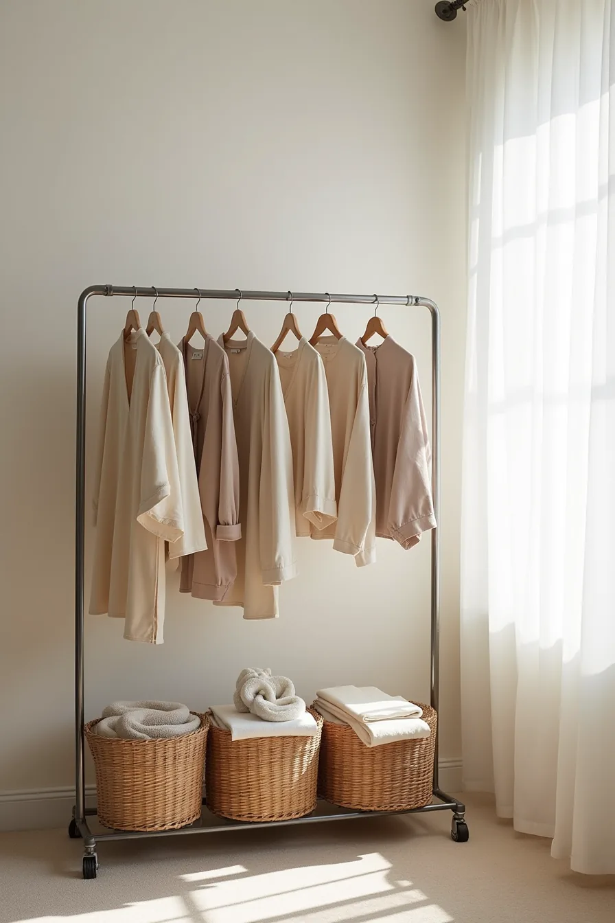 Steel clothing rack with draped garments above three stacked woven baskets holding folded fabrics and rolled accessories on