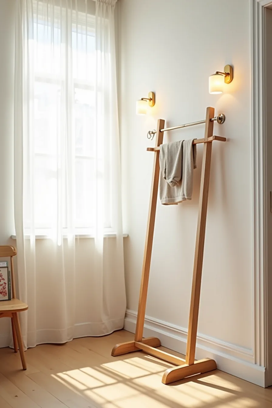 Wooden clothing rack stabilized by tension rod with adhesive wall hooks holding accessories, demonstrating damage-free