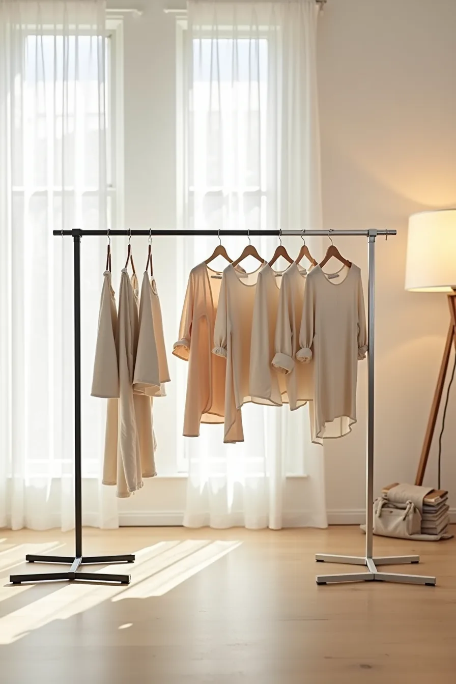 Three racks displayed side by side in black steel, natural wood, and brushed stainless steel finishes, each holding neutral