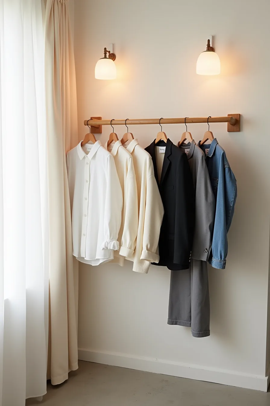 Shoulder-height wooden rail displaying six neutral-toned garments on wooden hangers above concrete floor with natural light