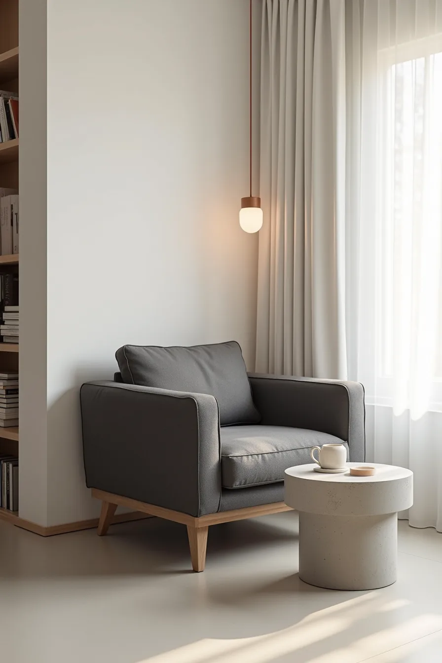Charcoal fabric club chair with track arms next to a concrete side table holding a ceramic mug in a modern living room.