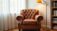 Cognac leather club chair with rolled arms and nailhead trim, illuminated by a brass floor lamp on hardwood flooring.