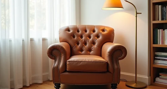 Cognac leather club chair with rolled arms and nailhead trim, illuminated by a brass floor lamp on hardwood flooring.