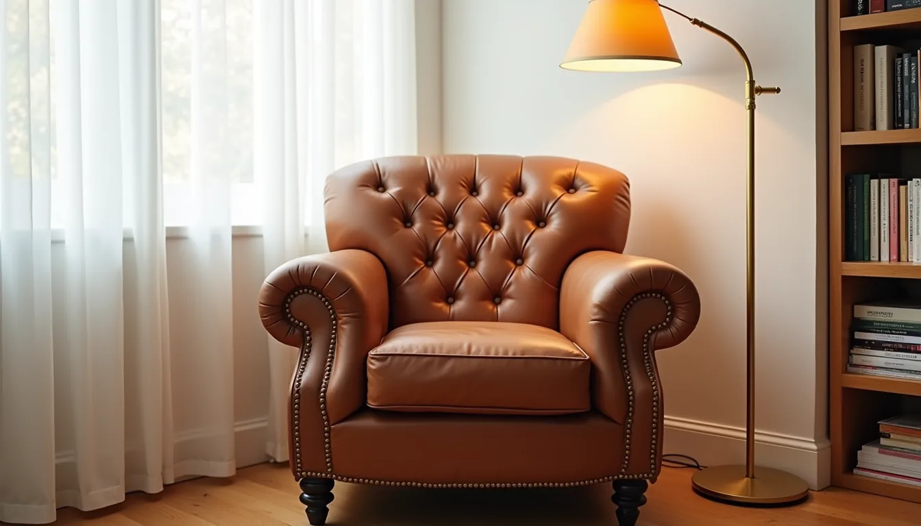 Cognac leather club chair with rolled arms and nailhead trim, illuminated by a brass floor lamp on hardwood flooring.