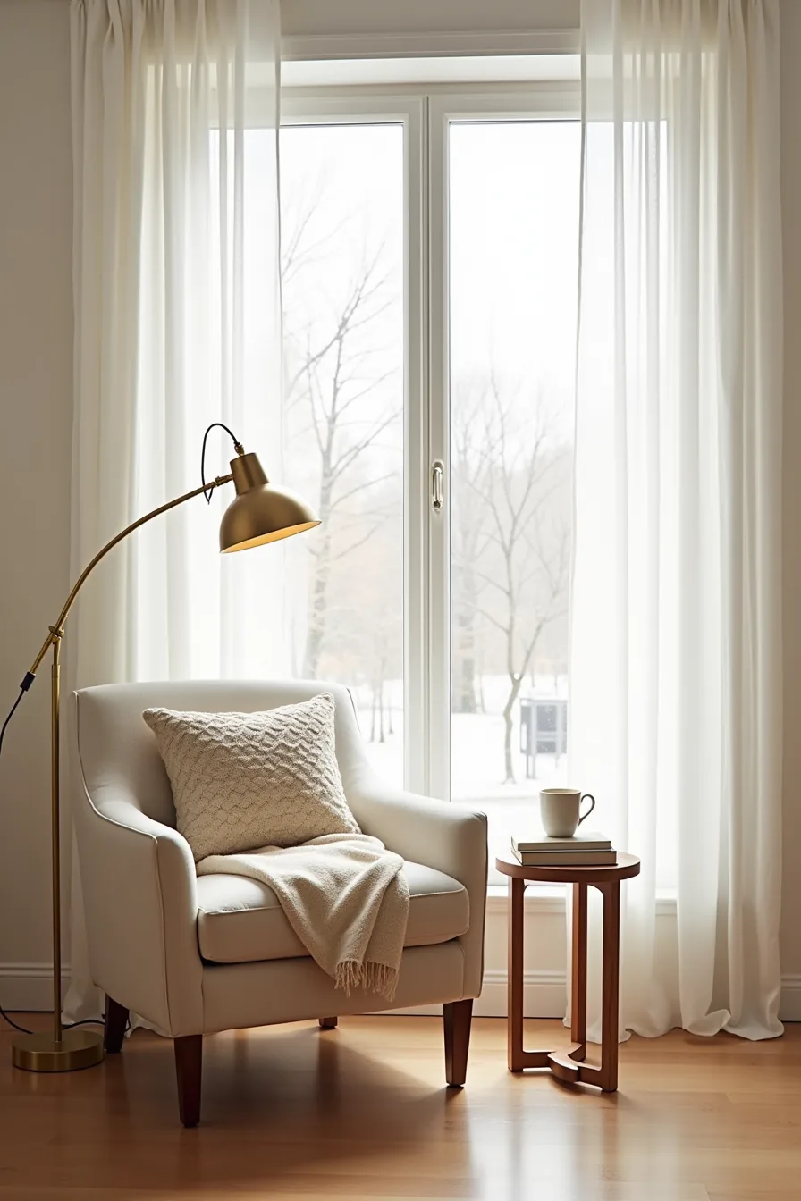 Club chair by a window dressed with a cream wool throw and lumbar pillow, with a brass arc lamp and wooden side table nearby.