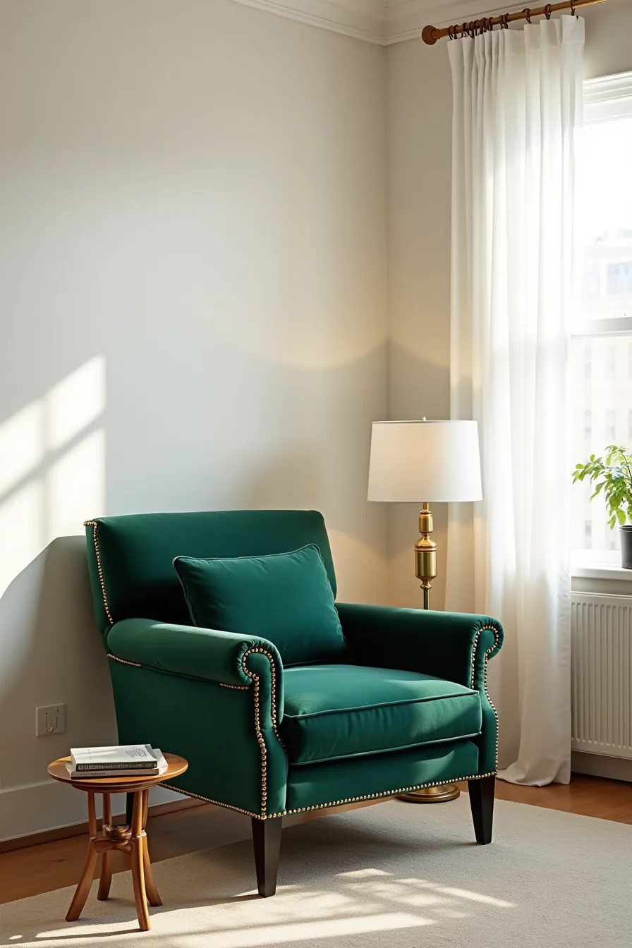 Emerald velvet club chair with brass nailhead trim serves as the focal point in a neutral living room with light oak floors.