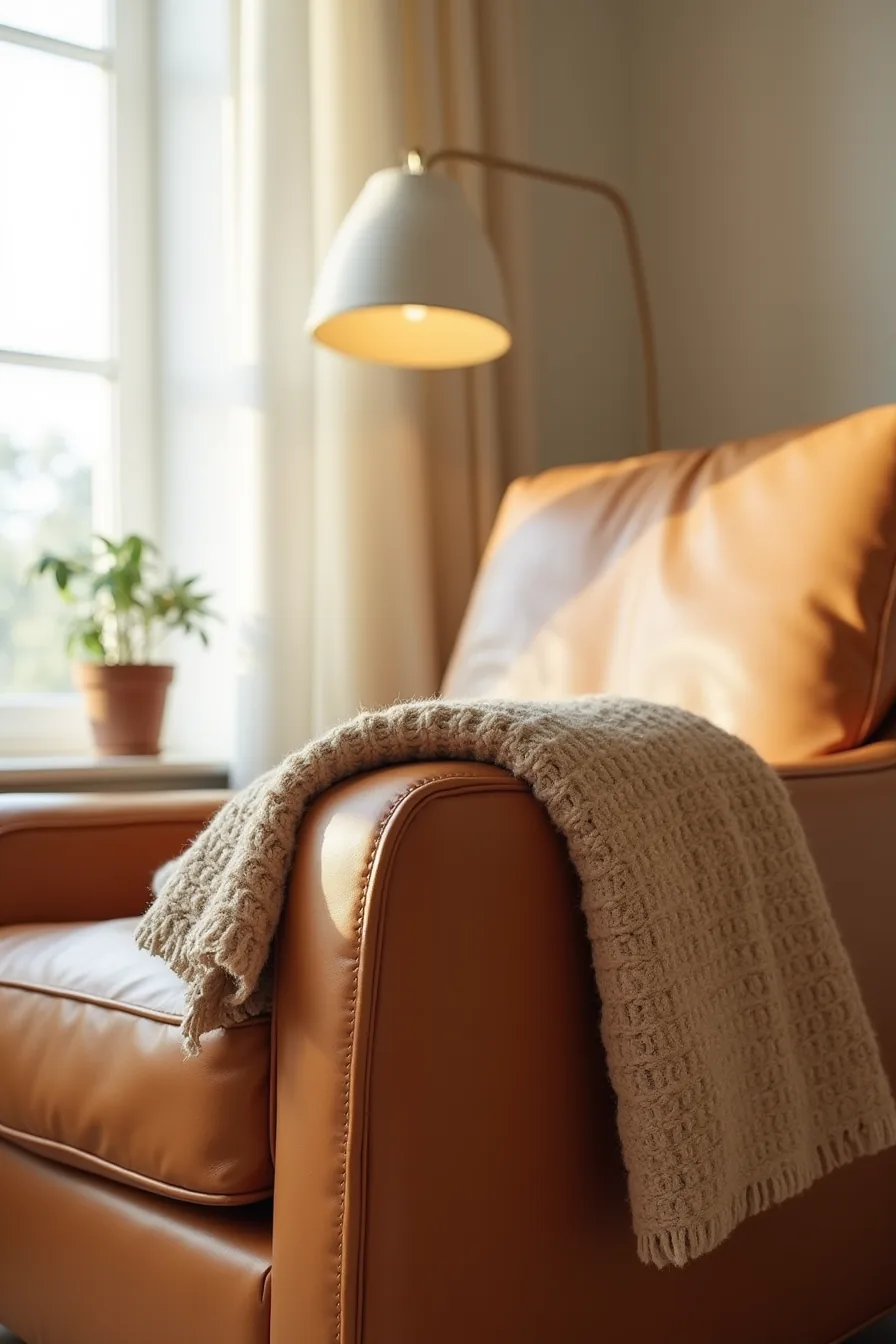 Close-up of caramel leather club chair showing hand-stitched seams, patina marks, and a care cloth draped on the arm.