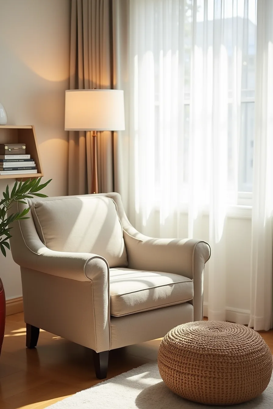 Oatmeal polyester club chair with simple rolled arms positioned with a woven pouf in a rental apartment living room.