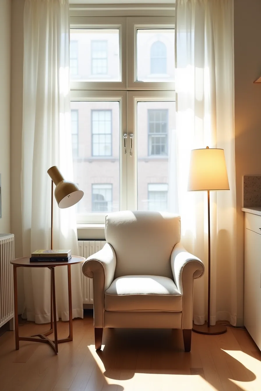 Petite club chair positioned in a studio apartment nook between a window and wooden console table with afternoon light.