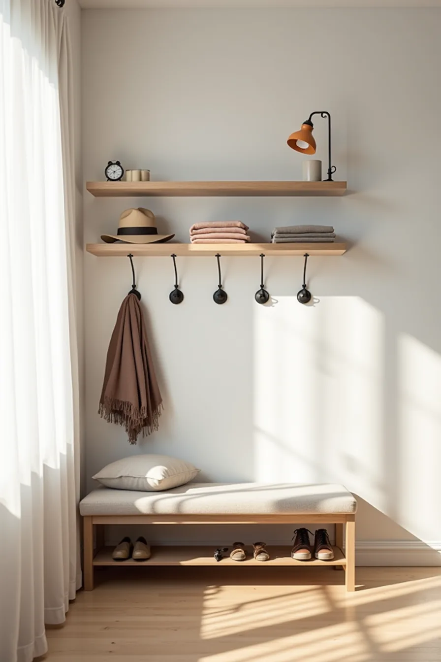 Five black hooks on white wall with wooden shelves above holding scarves and hats, bench below with organized shoes.