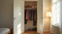 Open closet doors show winter coats crowded on one rod with shoes piled on the floor below.