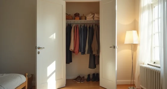 Open closet doors show winter coats crowded on one rod with shoes piled on the floor below.