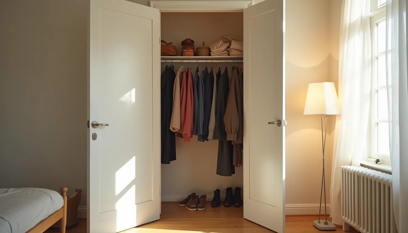 Open closet doors show winter coats crowded on one rod with shoes piled on the floor below.