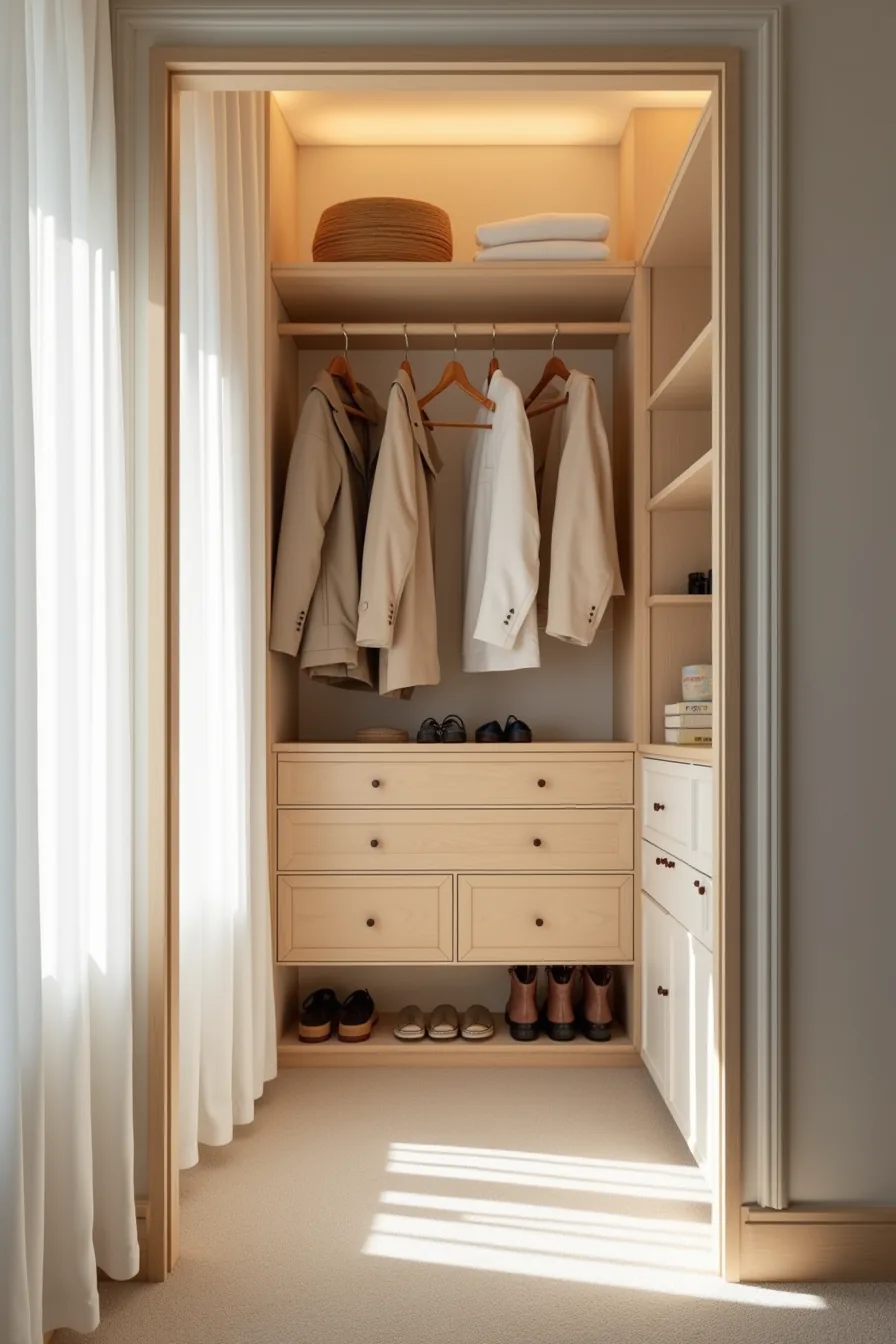 Complete custom closet with coat rod above, closed wooden drawers in middle, and shoe rack holding multiple pairs on floor.
