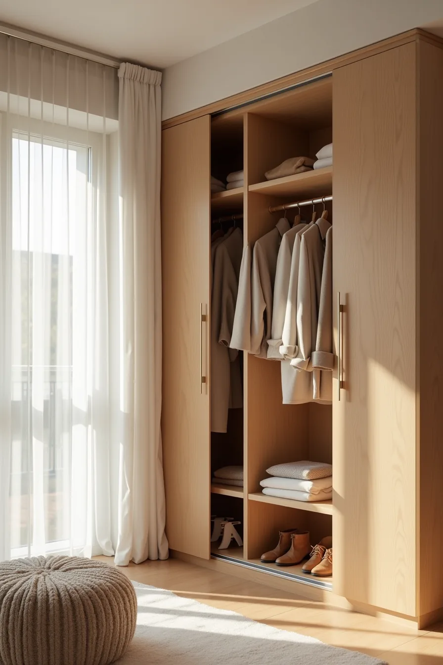 Sliding glass closet door partially open showing vertical dividers, hanging coats on rods, and shoes on lower shelf.