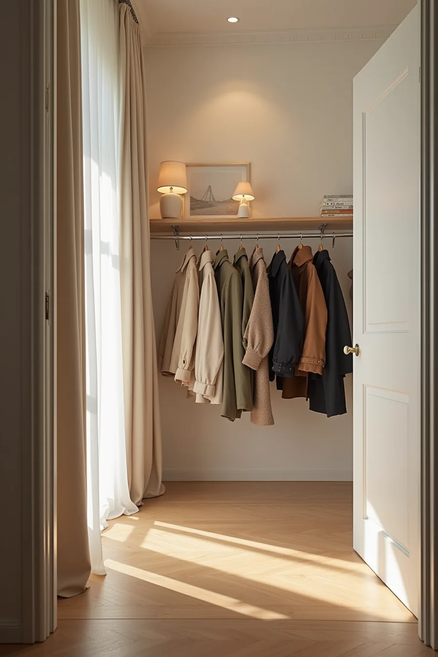 Three hanging rods stacked at different heights inside closet, each filled with coats and jackets supported by metal