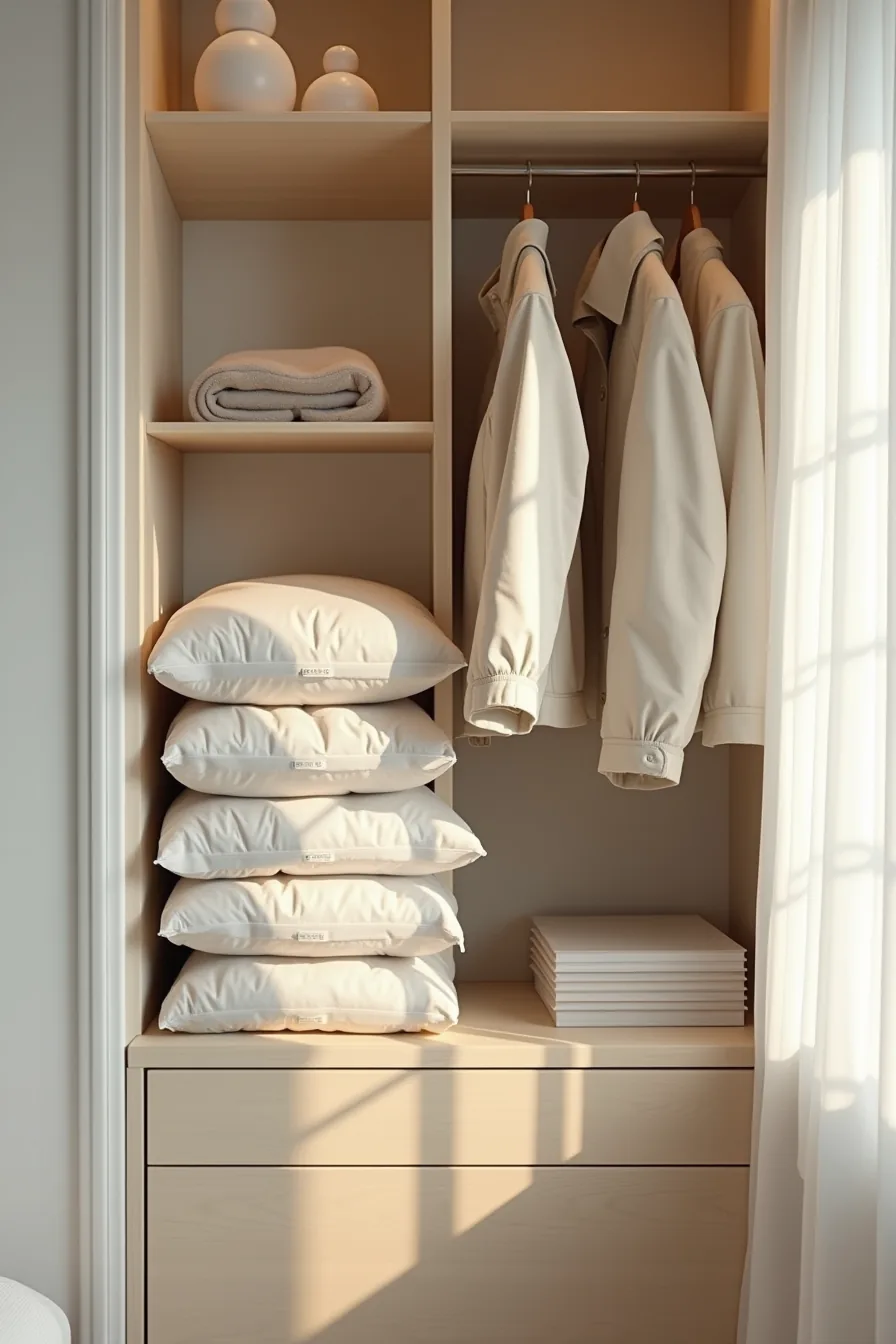Five vacuum-sealed bags stacked on shelf containing compressed winter coats, with light jackets hanging on rod above.