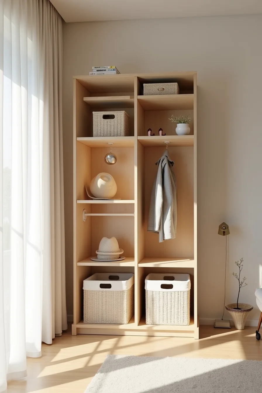 Six-compartment wooden cubby wall unit filled with neutral-colored fabric bins, one displaying a coat and another a hat.