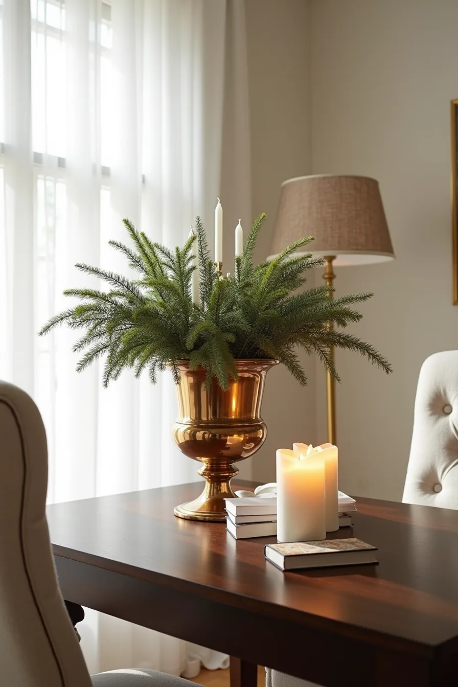 A large brass urn filled with evergreen branches and white candles serves as the centerpiece on a dark wood table.